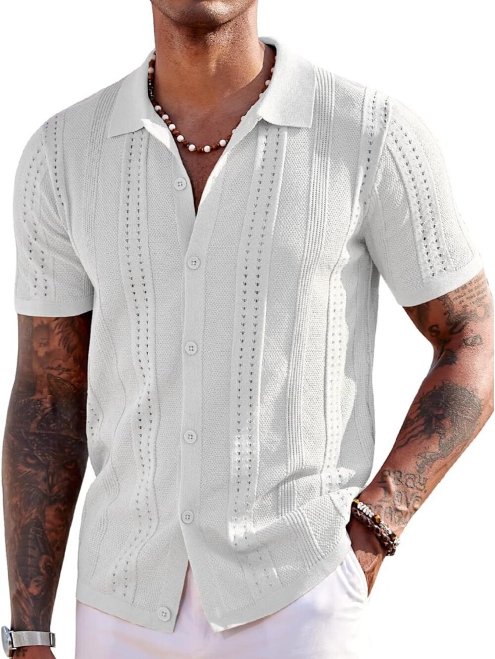 Men's White Knit Short Sleeve Button Down Polo Casual Summer Beach Shirt